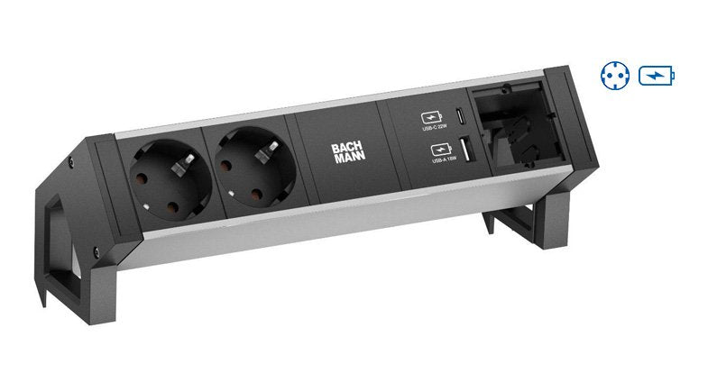Bachmann DESK2 Alu Black 2XSCHUTZKT.USB, USB Charger 22W a&c 0,2M GST18