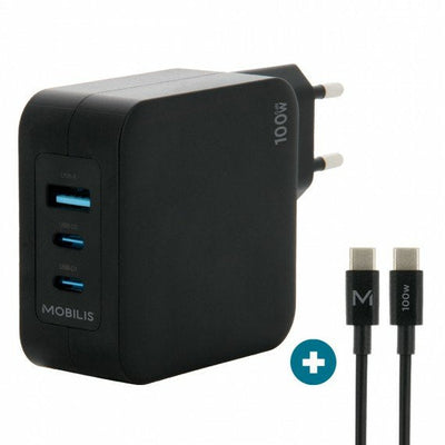 Mobilis Charger 100W 2USB C 1USBA GaN Cable 100W Laptop Smartphone, Tableta Black Power Alterna Indoor — image 1