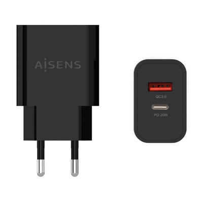 Aisens Charger 20W - 1x USB-C PD 3.0 - 1x USB-A QC3.0 - Black — image 1