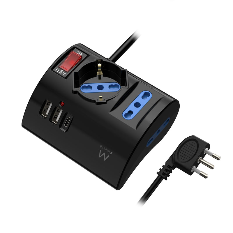 Ewent Power Strip With 6 Sockets Desktop - 2 Sockets L + 1 Socket L/F (schuko) - 2x USB-A - 1x USB-C - Plug It