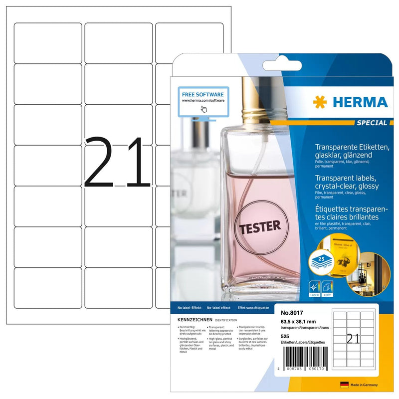 Herma Label . Transparenteee A4 63,5X38,1MM Lámina Glossy 525 Pieces