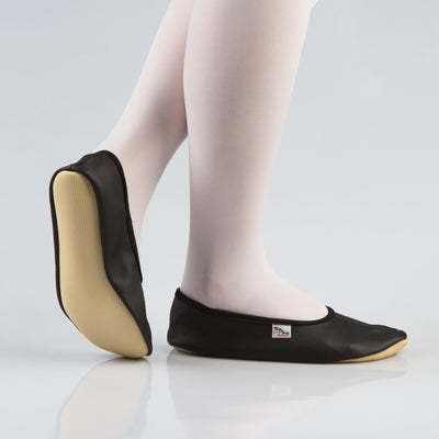Leather Gymnastics Slippers With Rubber Ridge and Sole - Black