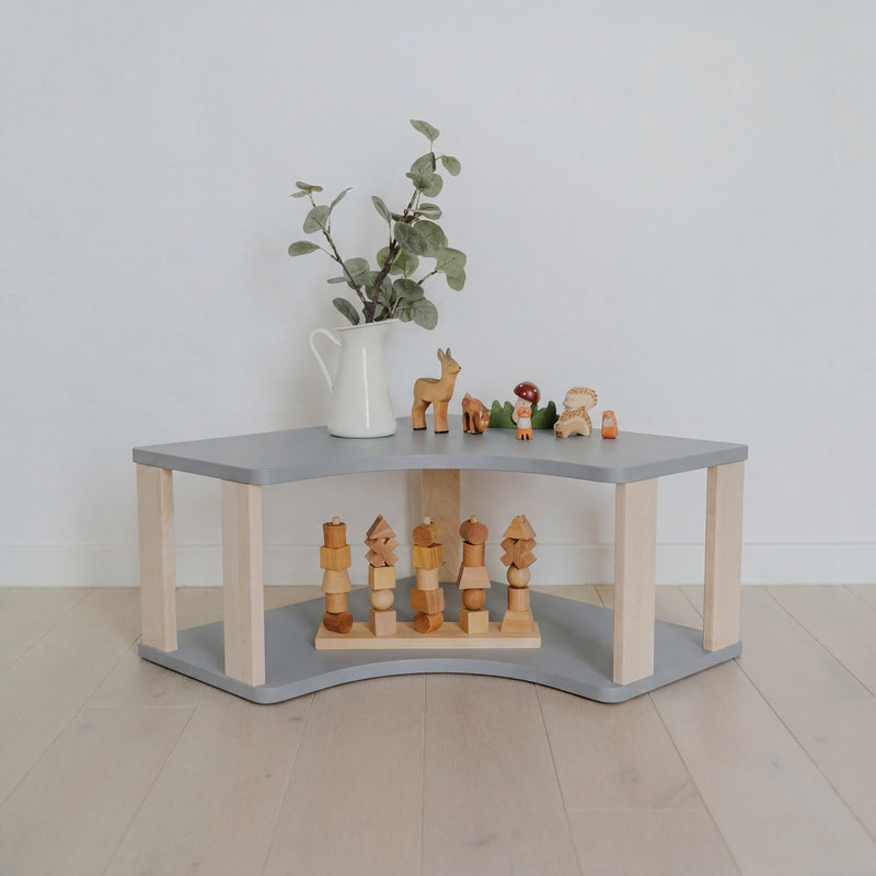 Modular Montessori Shelf Corner - 2 Shelves - Light grey/clear oil