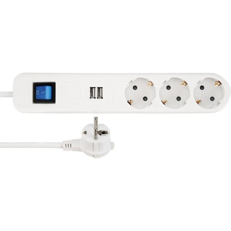 Rev Socket Strip Ice 3-FOLD USB & Switch, 1,4M White