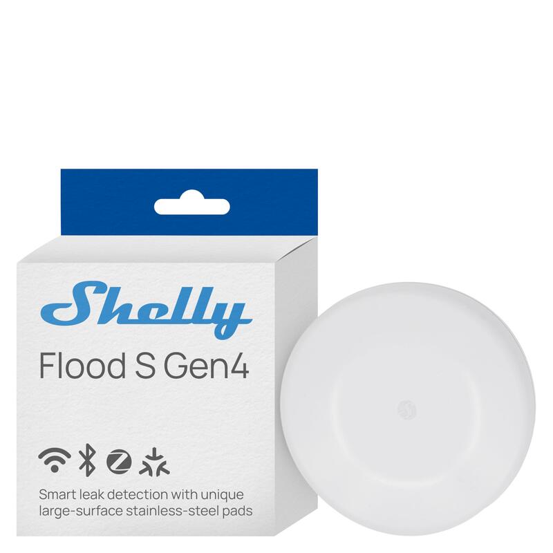 Shelly · Plug & Play · Flood S GEN4 · Wasserleckagesensor · WLAN · Matter · Zigbee · Bluetooth